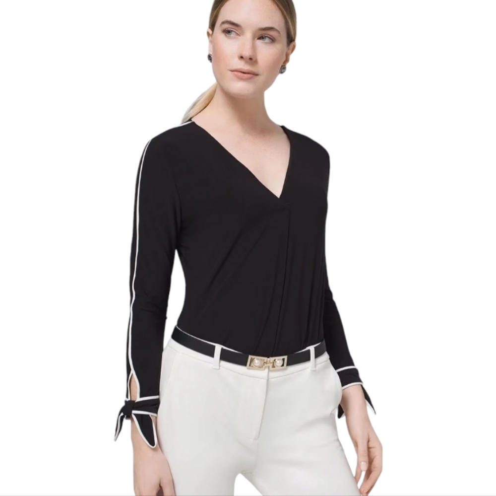 White House Black Market V-Neck Black Blouse with White Accents